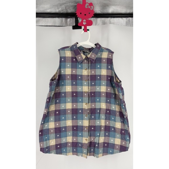 Tops - VTG 90s Plus 22W Checkered Plaid Heart Sleeveless Button Up Granny Y2K Shirt